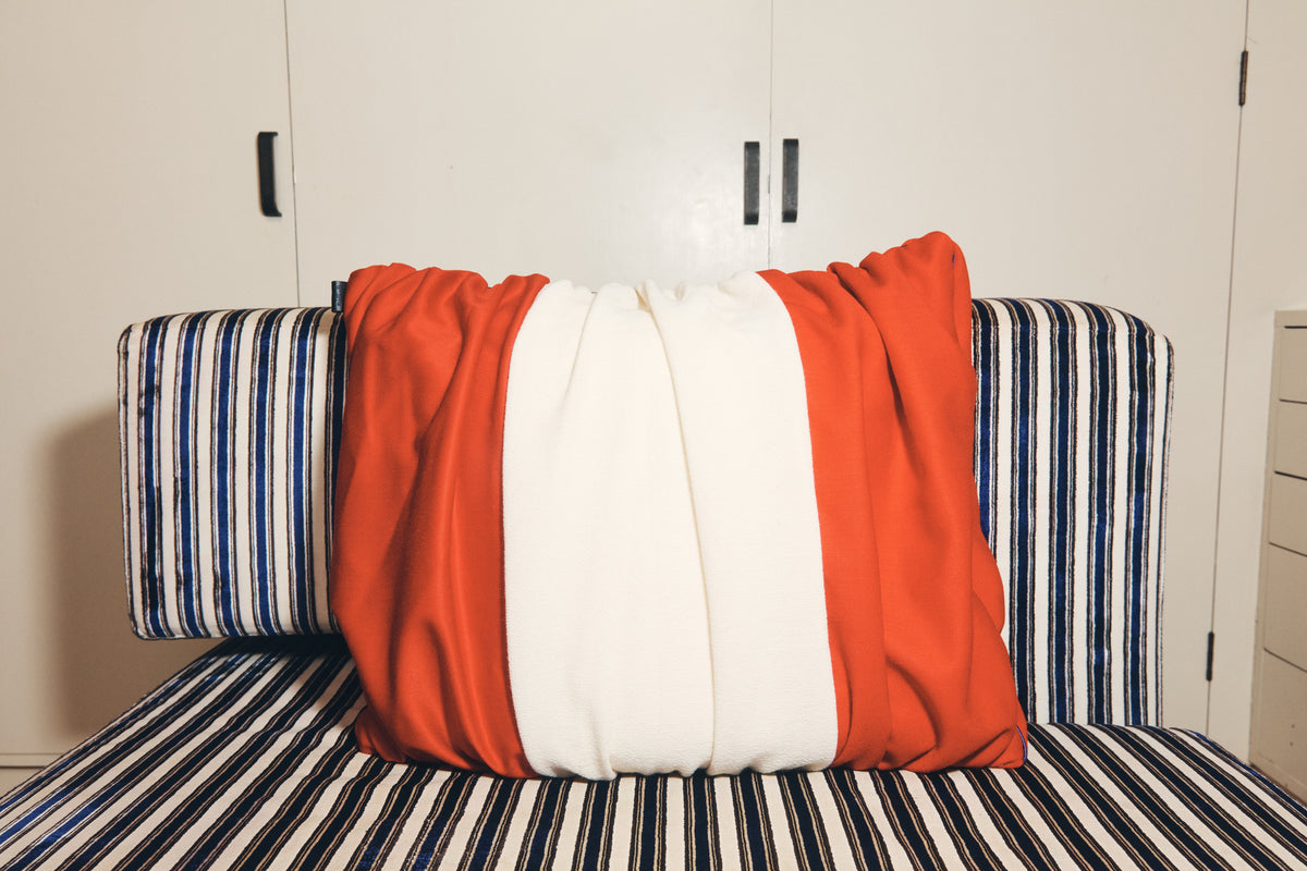 Designer cushion, one of one in repurposed French and Italian textiles, Tote Cushion No. 1 by Cillie